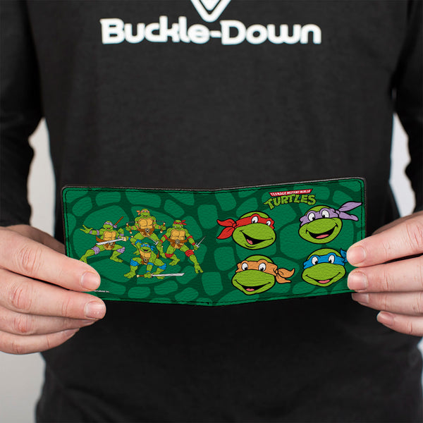 Buckle-Down Bi-Fold Wallet - Classic TEENAGE MUTANT NINJA TURTLES Group Faces + Pose Turtle Shell Black Green