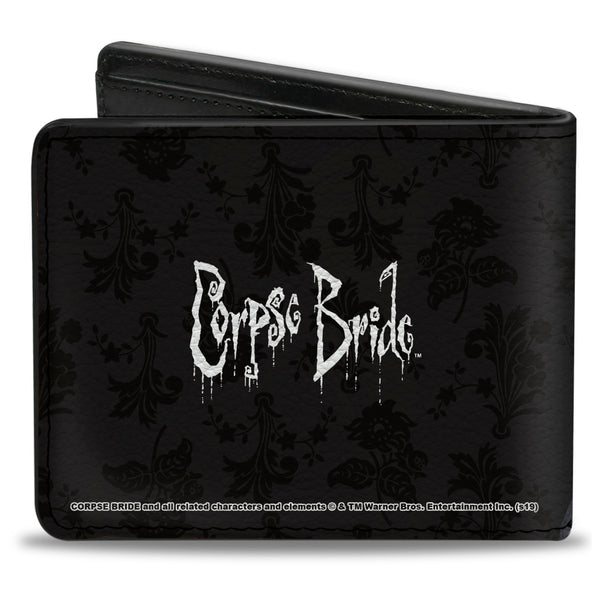 Buckle-Down Bi-Fold Wallet - Corpse Bride Emily Victor Pose + Logo Grays Black White