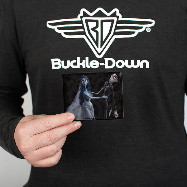 Buckle-Down Bi-Fold Wallet - Corpse Bride Emily Victor Pose + Logo Grays Black White
