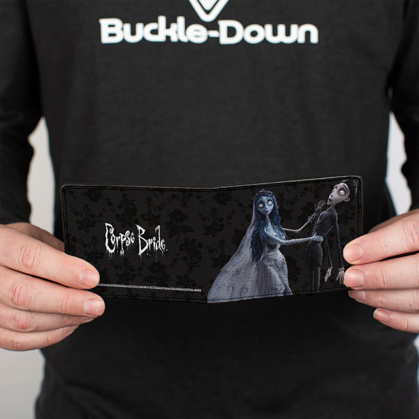 Buckle-Down Bi-Fold Wallet - Corpse Bride Emily Victor Pose + Logo Grays Black White