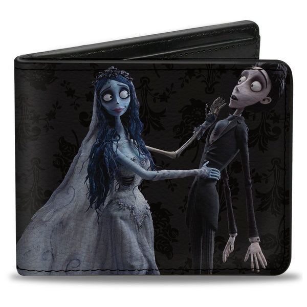 Buckle-Down Bi-Fold Wallet - Corpse Bride Emily Victor Pose + Logo Grays Black White