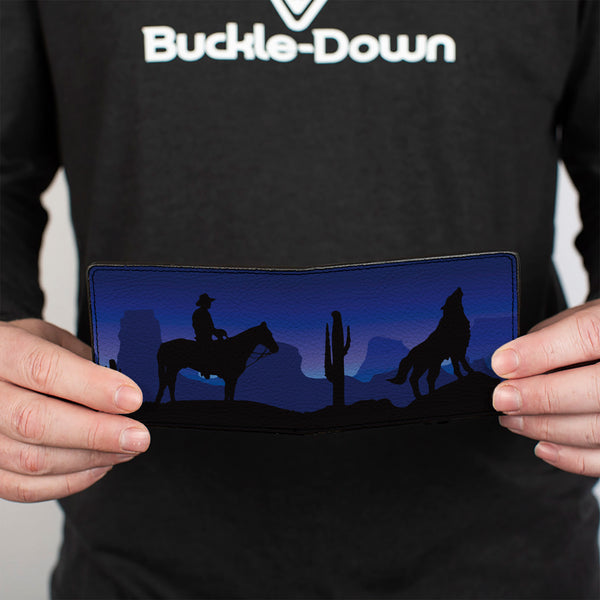 Buckle-Down Bi-Fold Wallet - Cowboy Coyote Silhouettes Western Landscape Blues Black