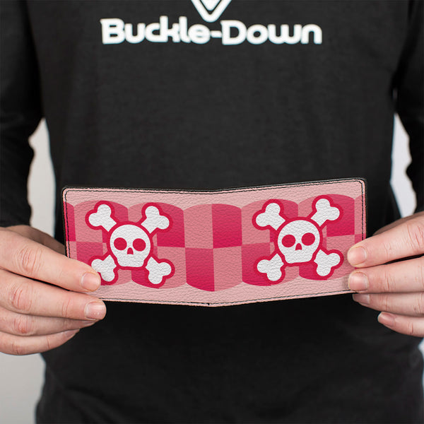 Buckle-Down Bi-Fold Wallet - Cute Skulls W Checkers Pinks White