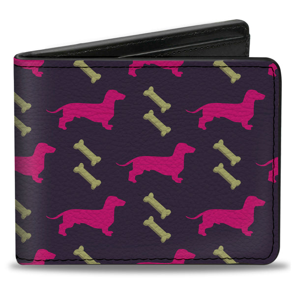 Buckle-Down Bi-Fold Wallet - Dachshunds & Bones Purple Fuchsia Green