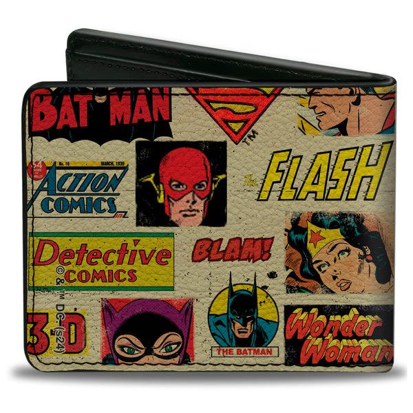 Buckle-Down Bi-Fold Wallet - DC Comics Retro Superhero Faces And Logos Collage Ivory