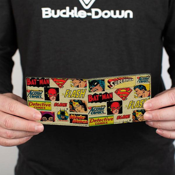 Buckle-Down Bi-Fold Wallet - DC Comics Retro Superhero Faces And Logos Collage Ivory
