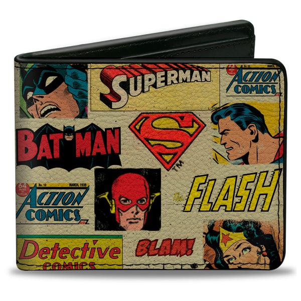Buckle-Down Bi-Fold Wallet - DC Comics Retro Superhero Faces and Logos Collage Ivory