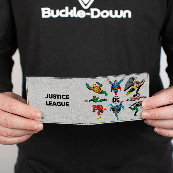 Buckle-Down Bi-Fold Wallet - DC JUSTICE LEAGUE Retro Superhero Group Pose White