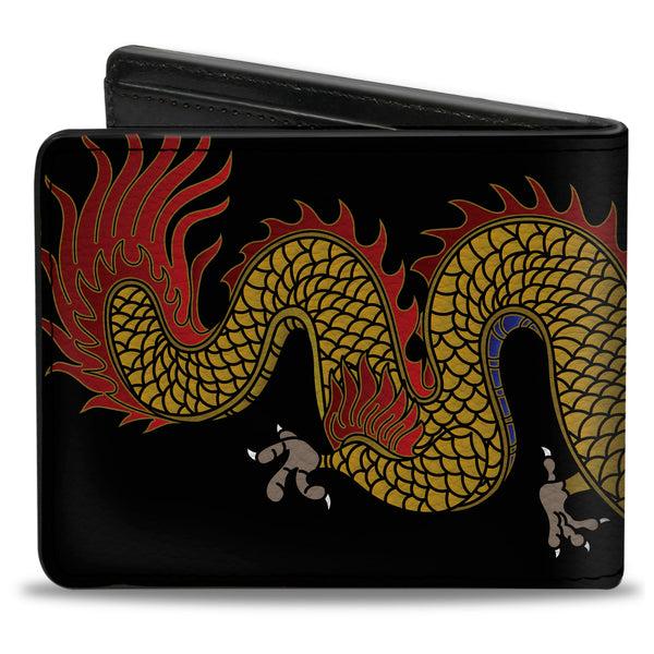 Buckle-Down Bi-Fold Wallet - Dragon CLOSE-UP Black Golds Reds Blue