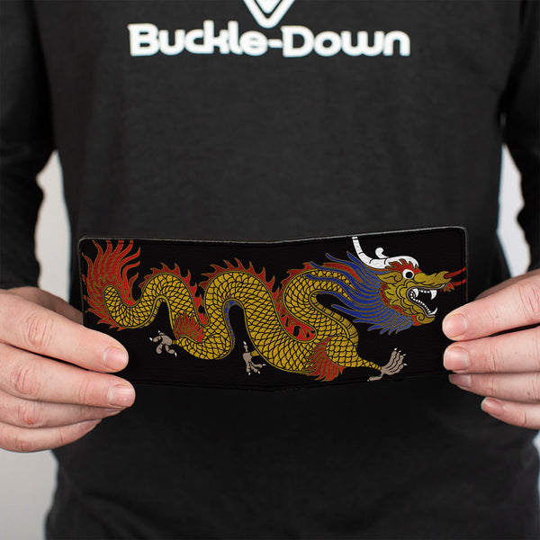 Buckle-Down Bi-Fold Wallet - Dragon CLOSE-UP Black Golds Reds Blue
