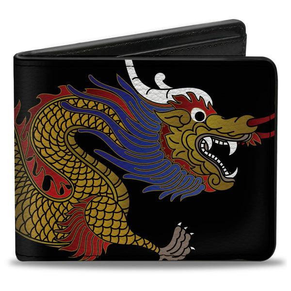 Buckle-Down Bi-Fold Wallet - Dragon CLOSE-UP Black Golds Reds Blue
