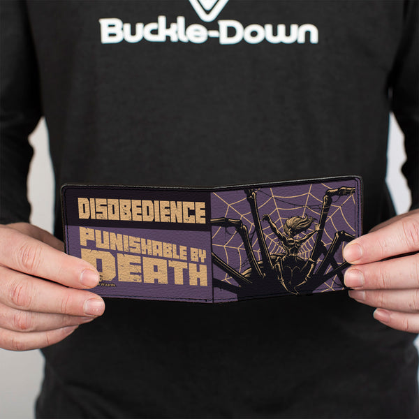 Buckle-Down Bi-Fold Wallet - Dungeons & Dragons Drider DISOBEDIENCE PUNISHABLE BY DEATH Pose Black/Purple/Gold