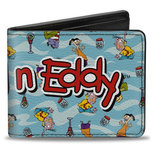 Buckle-Down Bi-Fold Wallet - ED EDD N EDDY Title Logo and Character Poses Scattered Blues