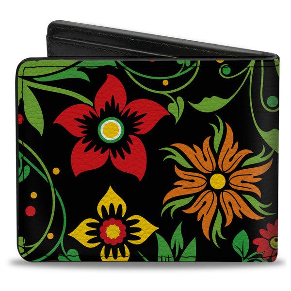 Buckle-Down Bi-Fold Wallet - Floral Collage2 Black Red Orange Green
