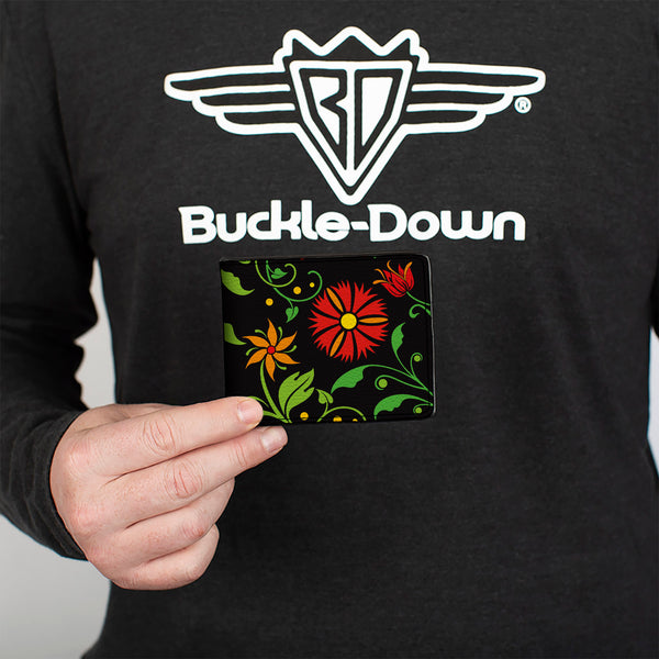 Buckle-Down Bi-Fold Wallet - Floral Collage2 Black Red Orange Green