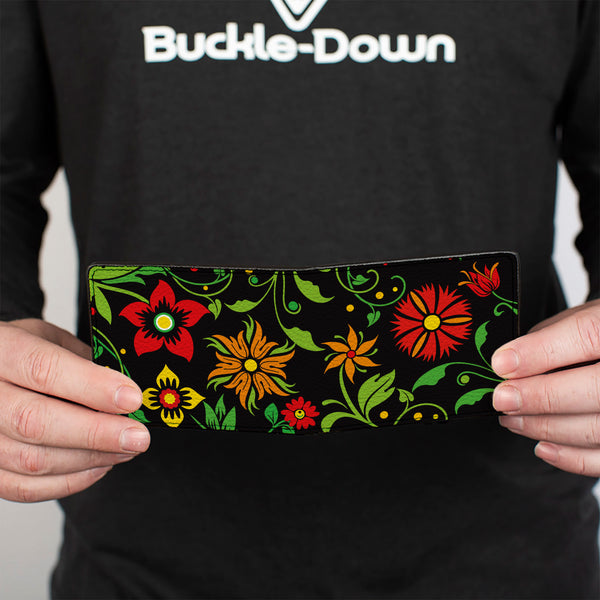 Buckle-Down Bi-Fold Wallet - Floral Collage2 Black Red Orange Green