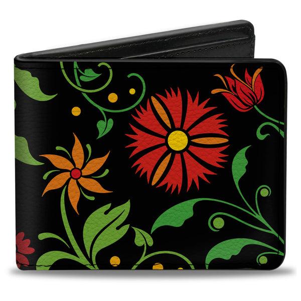 Buckle-Down Bi-Fold Wallet - Floral Collage2 Black Red Orange Green