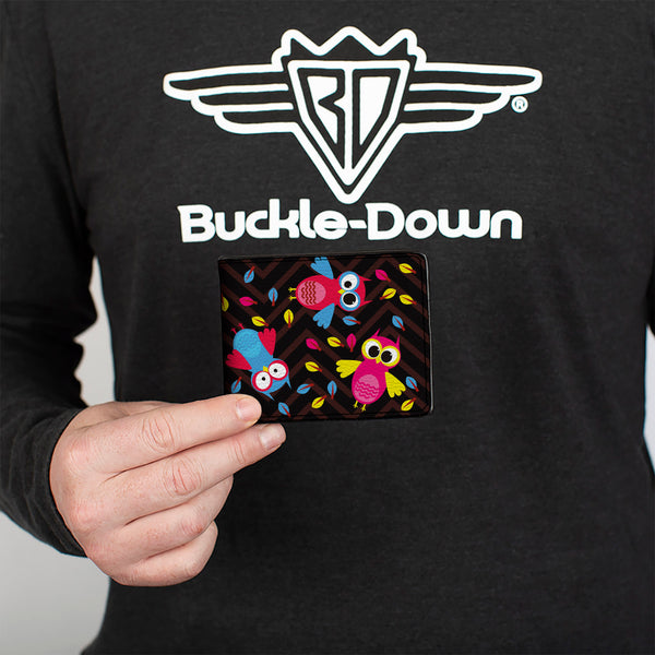 Buckle-Down Bi-Fold Wallet - Flying Owls W Leaves Black Multi Color
