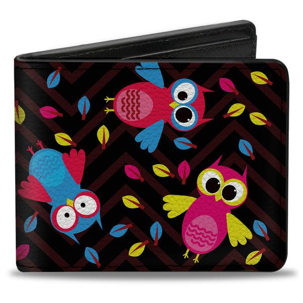 Buckle-Down Bi-Fold Wallet - Flying Owls w Leaves Black Multi Color