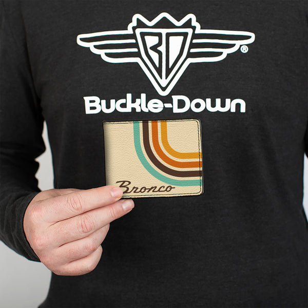 Buckle-Down Bi-Fold Wallet - Ford BRONCO Script Lines Beige/Brown/Blue/Orange
