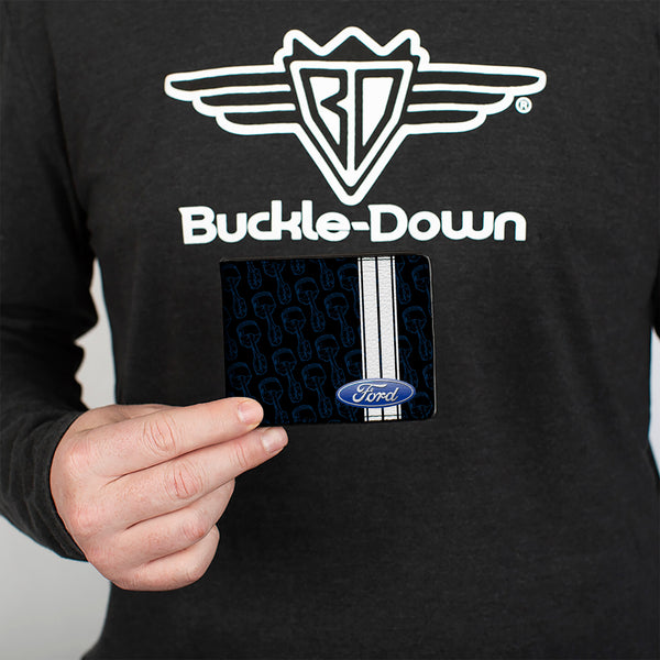 Buckle-Down Bi-Fold Wallet - FORD Oval Stripe Piston Repeat Black Blue White
