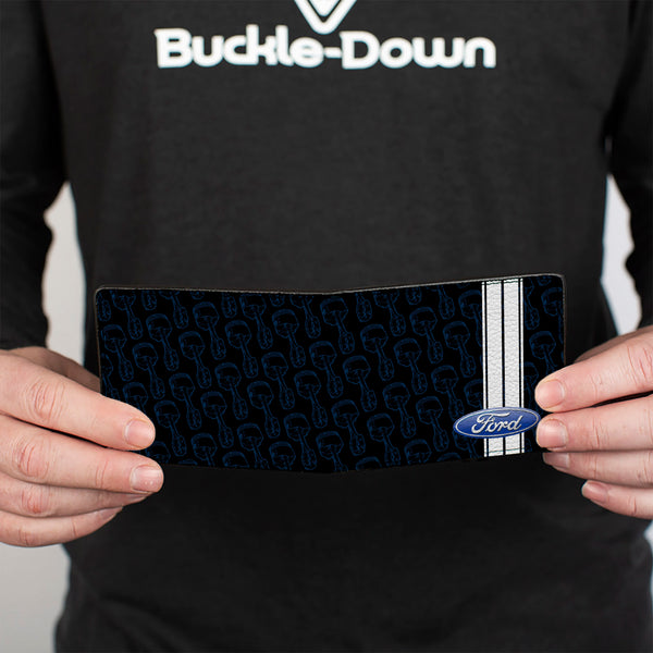Buckle-Down Bi-Fold Wallet - FORD Oval Stripe Piston Repeat Black Blue White