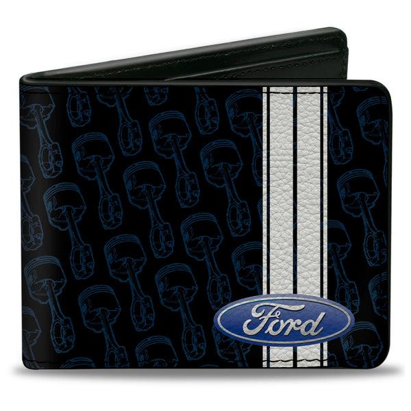Buckle-Down Bi-Fold Wallet - FORD Oval Stripe Piston Repeat Black Blue White