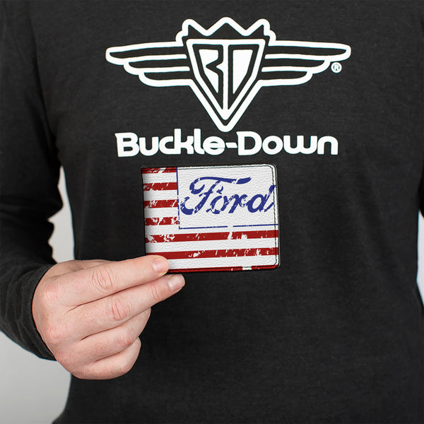 Buckle-Down Bi-Fold Wallet - FORD Script Americana Flag Weathered White Red Blue