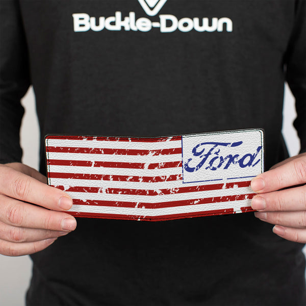Buckle-Down Bi-Fold Wallet - FORD Script Americana Flag Weathered White Red Blue