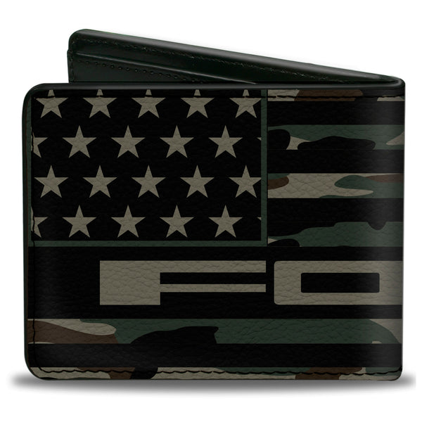 Buckle-Down Bi-Fold Wallet - FORD Script Americana Flag Weathered Camo Olive Black Tan