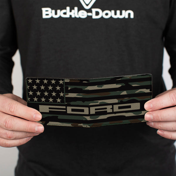 Buckle-Down Bi-Fold Wallet - FORD Script Americana Flag Weathered Camo Olive Black Tan