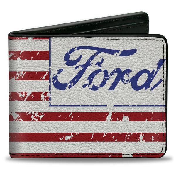 Buckle-Down Bi-Fold Wallet - FORD Script Americana Flag Weathered White Red Blue