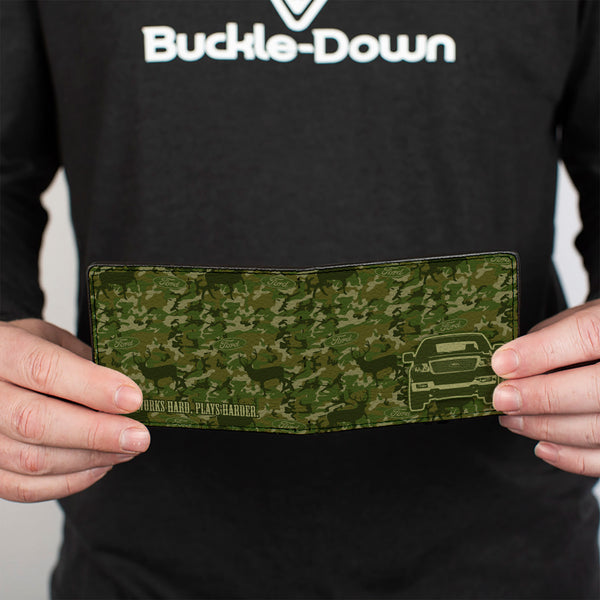 Buckle-Down Bi-Fold Wallet - Ford Truck + WORKS HARD PLAYS HARDER Deer Hunter Camo Olive