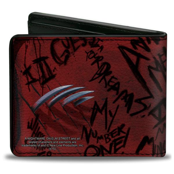 Buckle-Down Bi-Fold Wallet - Freddy Pose2 + Hand Scratching Quote Scrawls Reds Black