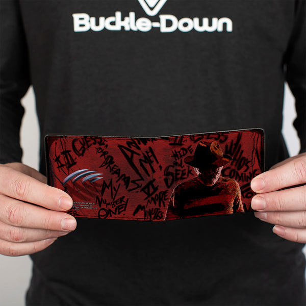 Buckle-Down Bi-Fold Wallet - Freddy Pose2 + Hand Scratching Quote Scrawls Reds Black