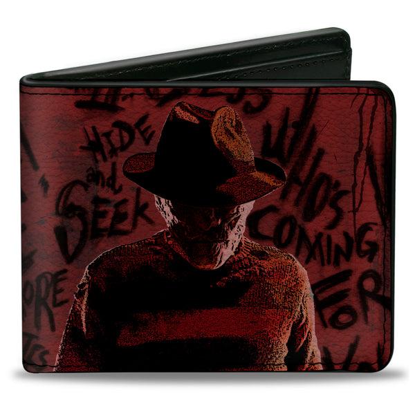 Buckle-Down Bi-Fold Wallet - Freddy Pose2 + Hand Scratching Quote Scrawls Reds Black