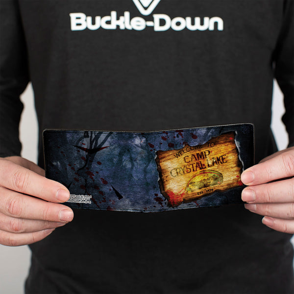 Buckle-Down Bi-Fold Wallet - Friday The 13th WELCOME TO CAMP CRYSTAL LAKE Sign Trees Grays Blood Splatter