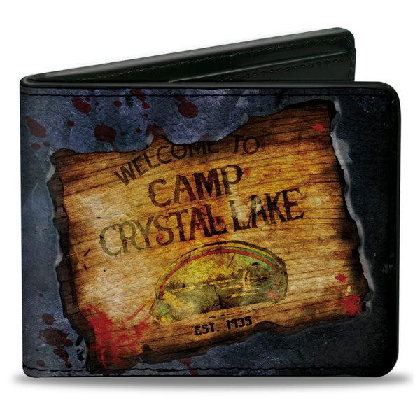 Buckle-Down Bi-Fold Wallet - Friday the 13th WELCOME TO CAMP CRYSTAL LAKE Sign Trees Grays Blood Splatter