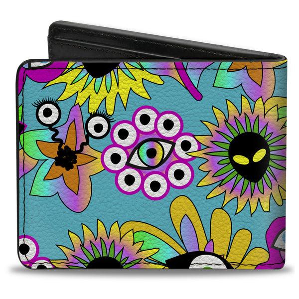 Buckle-Down Bi-Fold Wallet - Funky Alien Flowers Aqua Blue/Multi Color
