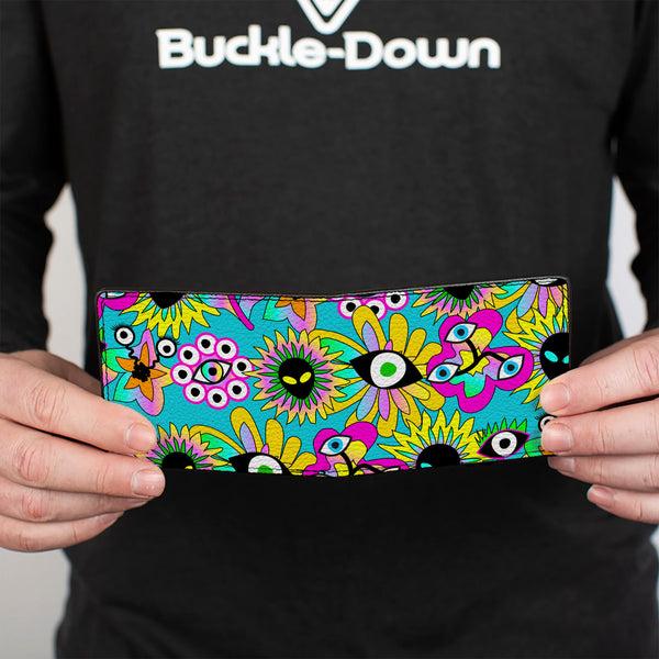 Buckle-Down Bi-Fold Wallet - Funky Alien Flowers Aqua Blue/Multi Color