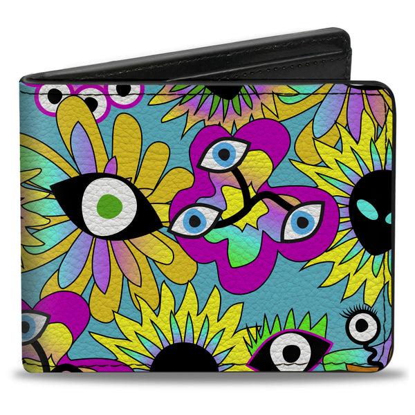 Buckle-Down Bi-Fold Wallet - Funky Alien Flowers Aqua Blue/Multi Color