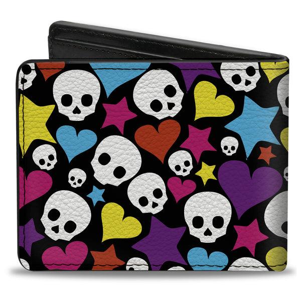 Buckle-Down Bi-Fold Wallet - Funky Skulls Hearts & Stars Black Multi Color