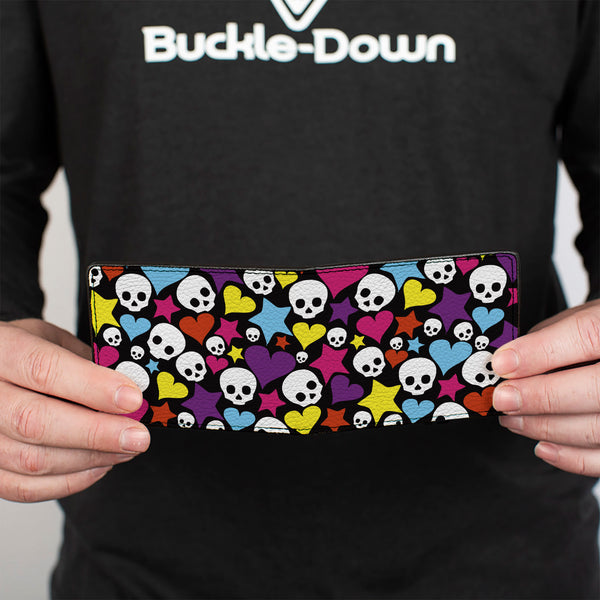 Buckle-Down Bi-Fold Wallet - Funky Skulls Hearts & Stars Black Multi Color