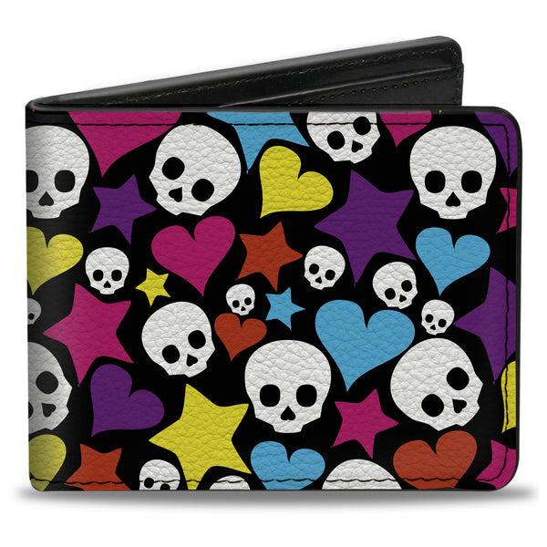 Buckle-Down Bi-Fold Wallet - Funky Skulls Hearts & Stars Black Multi Color