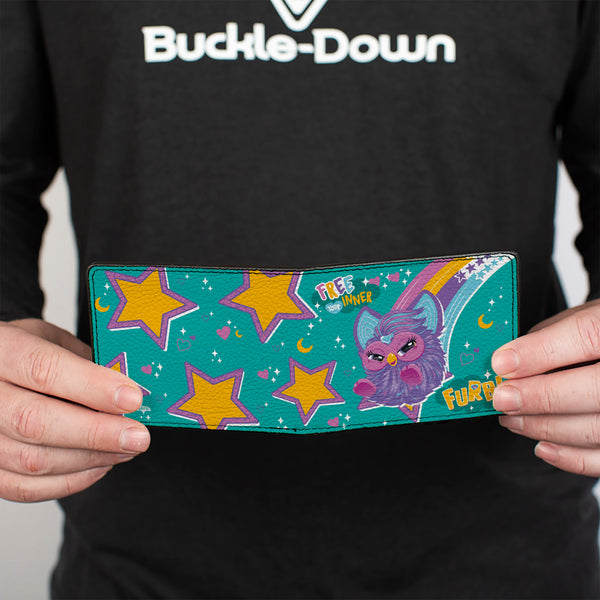 Buckle-Down Bi-Fold Wallet - Furby Purple Furby FREE YOUR INNER FURB Rainbow Pose Teal/Multi Color