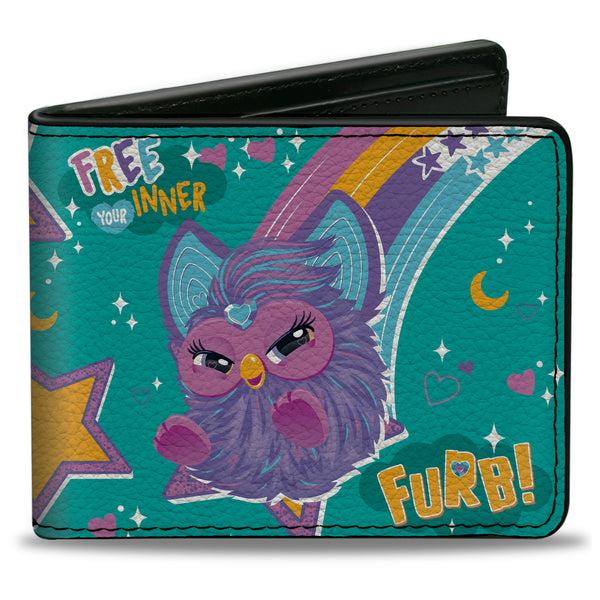 Buckle-Down Bi-Fold Wallet - Furby Purple Furby FREE YOUR INNER FURB Rainbow Pose Teal/Multi Color