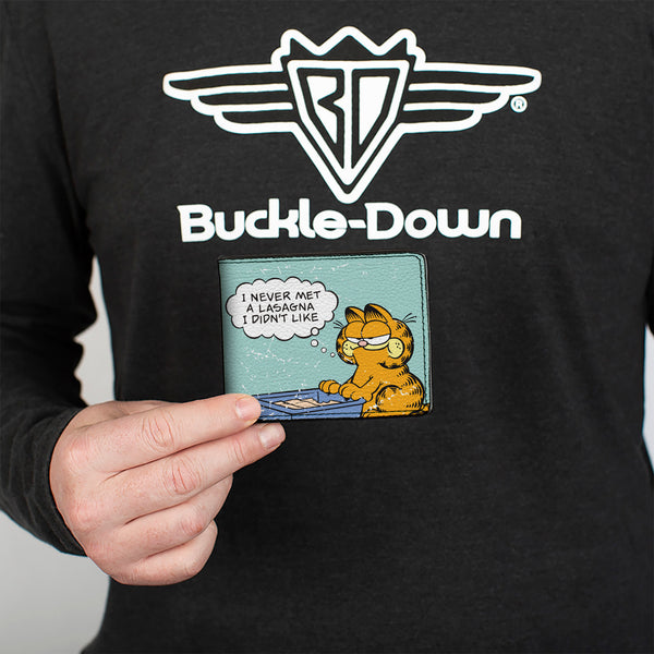 Buckle-Down Bi-Fold Wallet - Garfield NEVER MET A LASAGNA Pose Light Blue