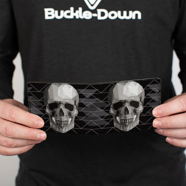 Buckle-Down Bi-Fold Wallet - Geometric 3-D Skull Face Chevron Black Grays White
