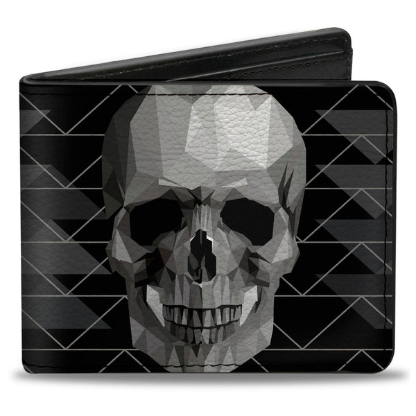 Buckle-Down Bi-Fold Wallet - Geometric 3-D Skull Face Chevron Black Grays White