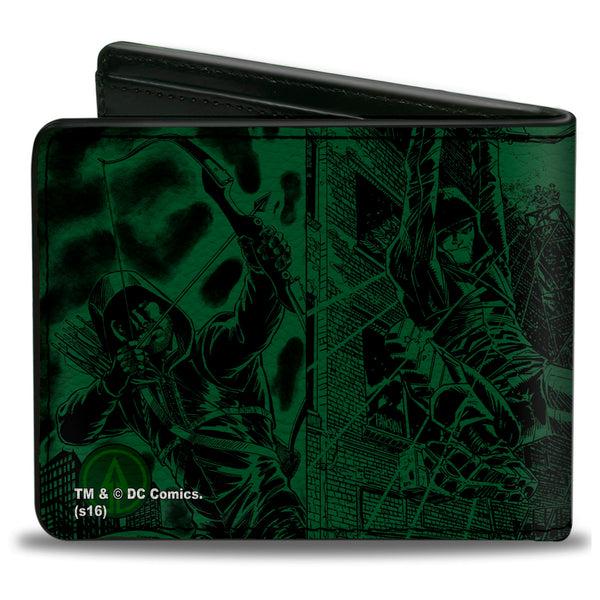 Buckle-Down Bi-Fold Wallet - Green Arrow Profile Poses HAVE YOU SEEN THIS MAN? Green Black
